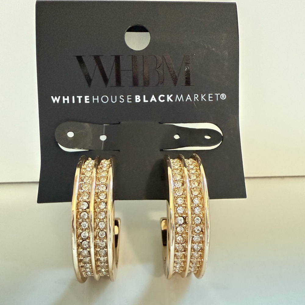 White House Black Market Gold Triple Row Crystal Pave Hoop Earrings Women NWT